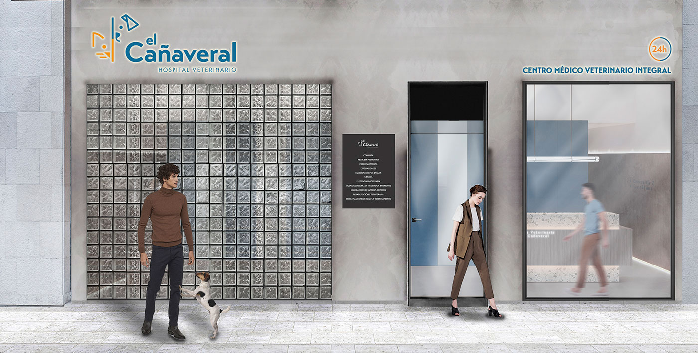 Simulación del aspecto exterior de la Clínica Veterinaria "El Cañaveral" con la nueva identidad de marca creada por Creativersion
